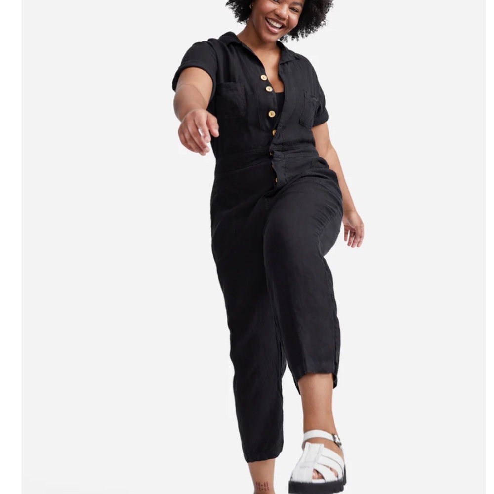 $218 mate the label Linen Short Sleeve Jumpsuit black womens size xs